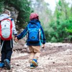 Two Boys With Backpacks Are Walking Along A Forest Path. The Bro